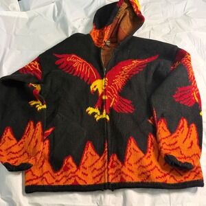 Genesis Mens Eagle Flame Knit Zip Hoodie XL Black Wool Handmade Phoenix Ecuador